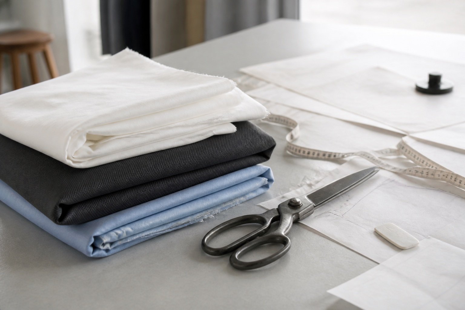 Photograph of cotton, twill and shirting fabric with garment patterns and shears