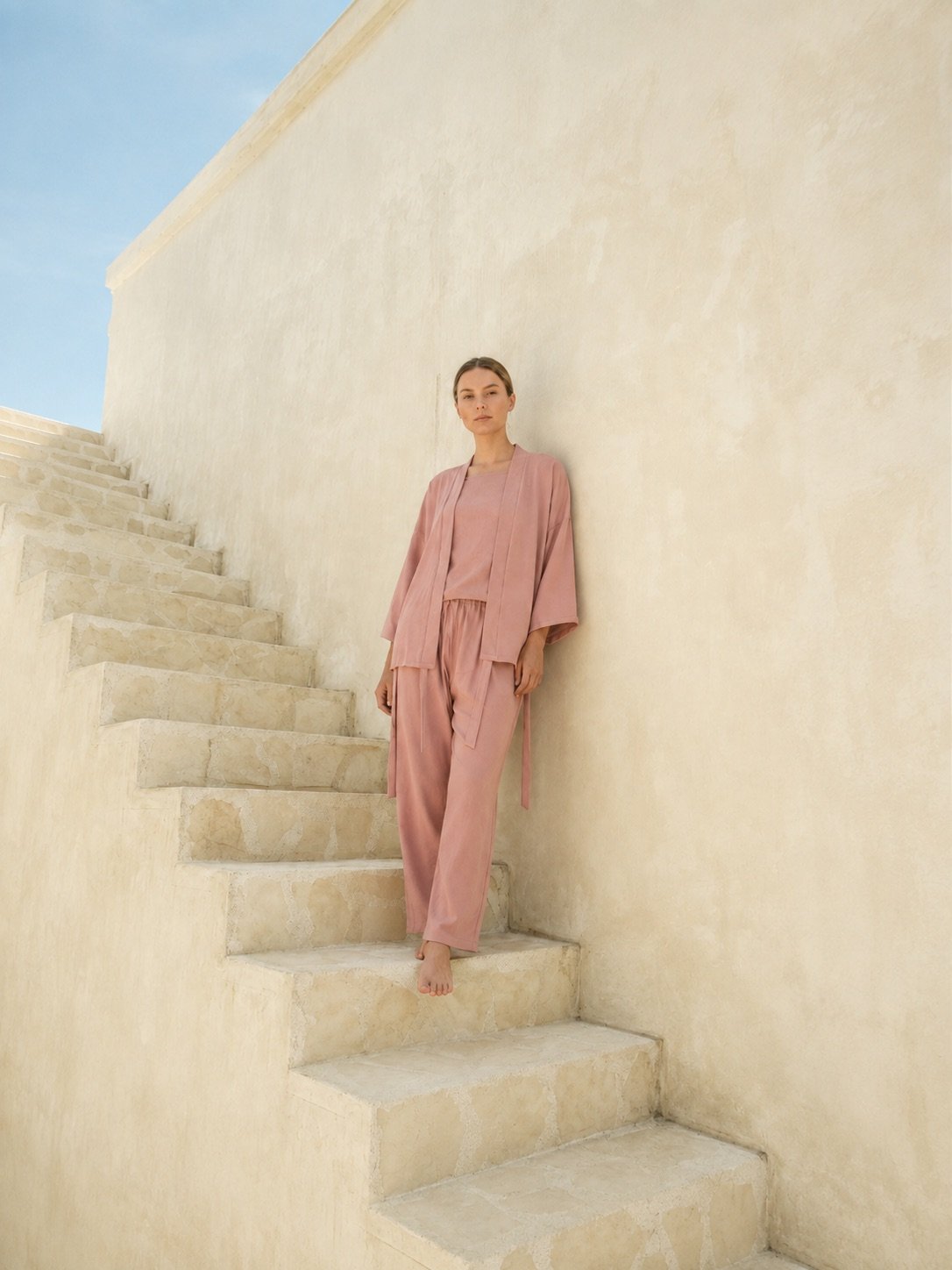 A model wearing a soft pink robe, top and wide-leg trousers manufactured by Marah Fashion Group