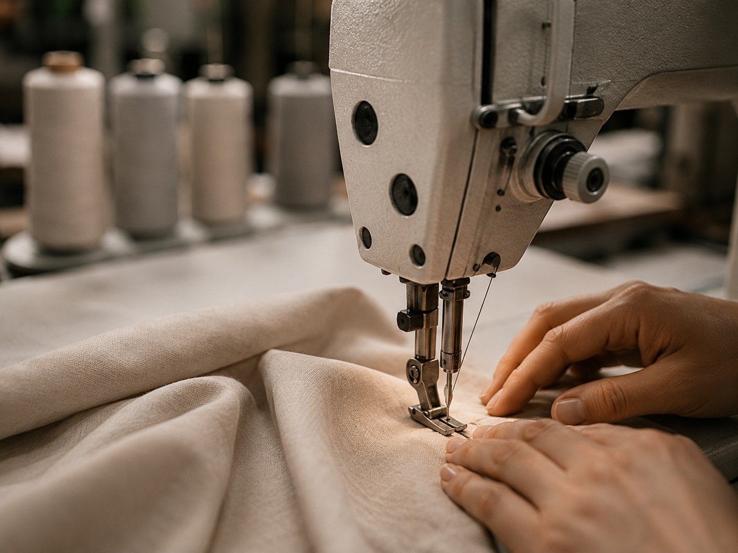 A machinist guiding cream fabric through an industrial sewing machine on the production line at Marah Fashion Group