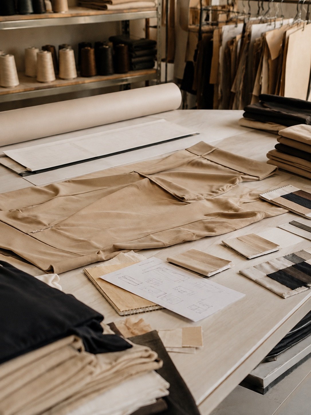 A garment laid out on the development table with tech pack sketches, fabric swatch cards and thread stock at Marah Fashion Group